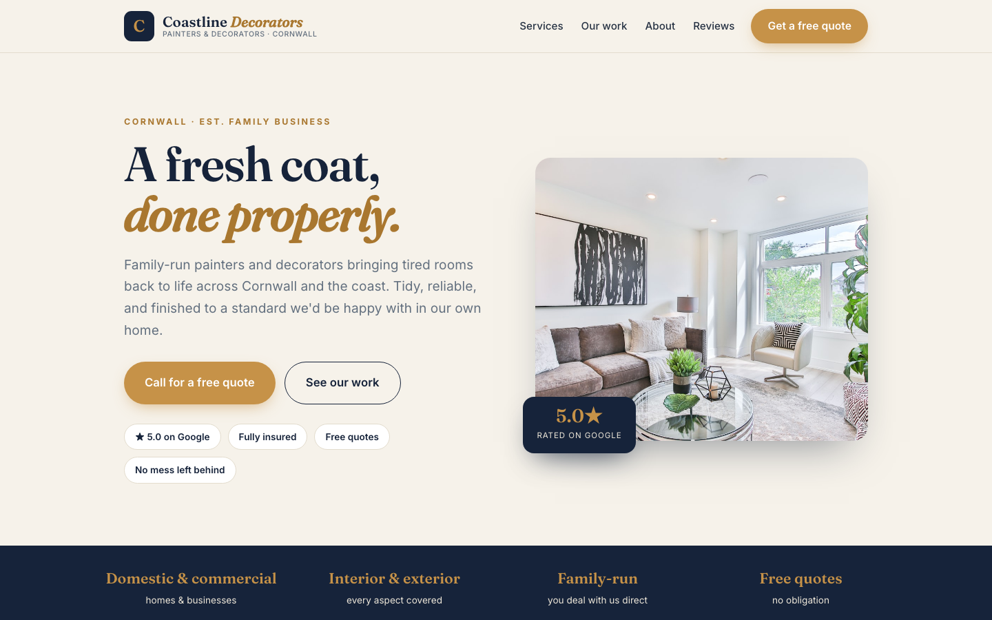 Coastline Decorators painting and decorating website shown on a laptop
