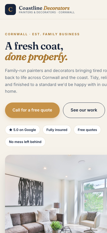 Coastline Decorators website shown on a mobile phone