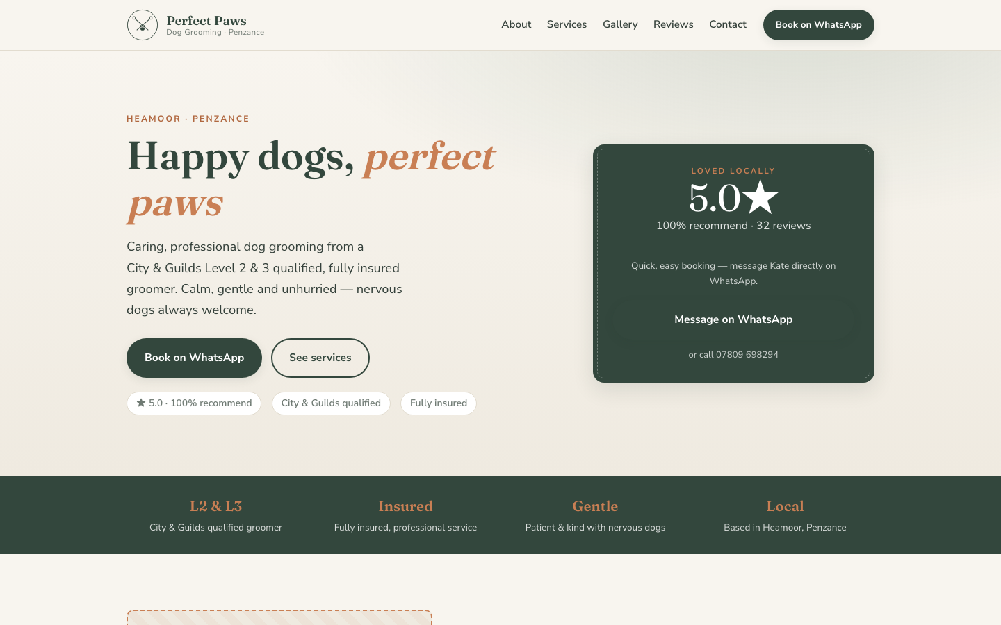 Perfect Paws dog grooming website shown on a laptop