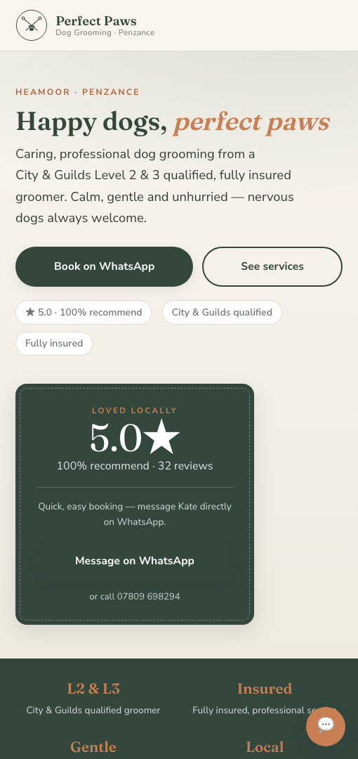 Perfect Paws website on a phone